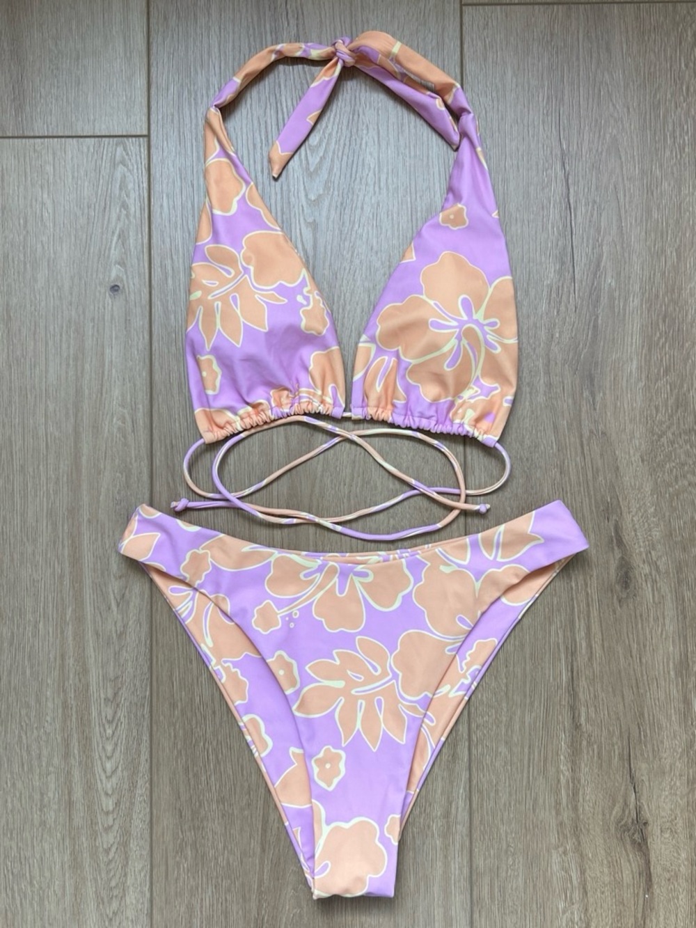 Hawaiian Floral Halter Tie Bikini Set - Pink & Peach